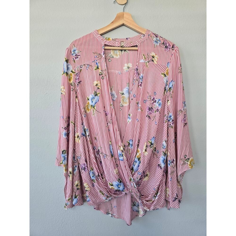 ODDI Floral Stripe Twist Front Blouse L Boho High Low Bell Sleeve Top Open Front